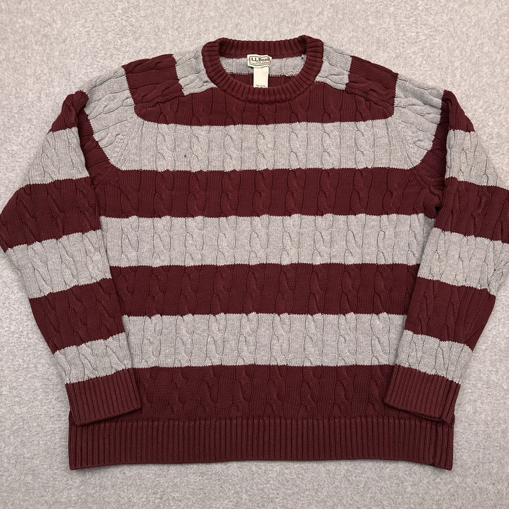 LL Bean Cable Knit Sweater Mens XL Rugby Stripe Fisherman Red Grey‎ Pullover